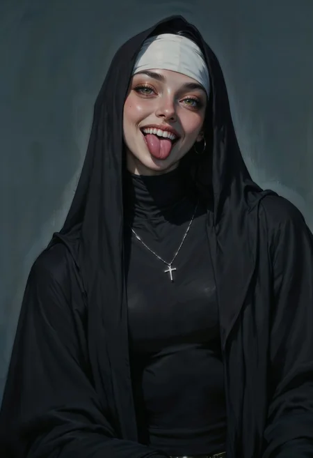 a digital painting in a realistic style, depicting a young woman dressed as a nun. The woman is smiling broadly with her tongue sticking out playfully. Her eyes are hidden beneath a black habit with a white cross on the forehead, which is pulled down over her face. The habit covers her entire head and drapes over her shoulders, creating a sense of anonymity and modesty. She wears a black turtleneck underneath the habit, and a thin silver chain with a cross pendant hangs around her neck. The background is a muted, dark blue, giving a somber yet contrasting backdrop to her playful expression. The lighting is soft but focused, highlighting the glossiness of her skin and the texture of the habit. The overall mood is a blend of innocence and mischief, enhanced by the detailed rendering of the fabric and the realistic portrayal of the woman's skin and teeth. The painting captures a juxtaposition of traditional religious imagery with a modern, cheeky twist, making it both striking and thought-provoking.