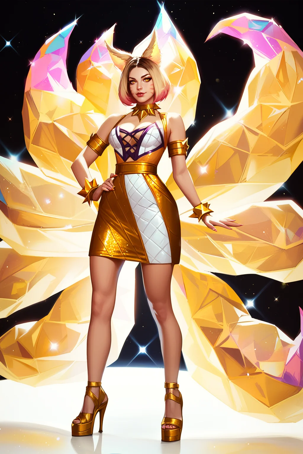 score_9, score_8_up, score_7_up, masterpiece, high quality,
<lora:KDAAhriPonyLora:1> prestige, 1girl, short hair, multicolored hair, bangs, fox ears, yellow eyes, facial mark, collar, dress, bare shoulders, cleavage, bracelet with spikes, armlet, high heels, fox tail, multiple tails, on a music stage, standing in a spotlight, gold glitter rain