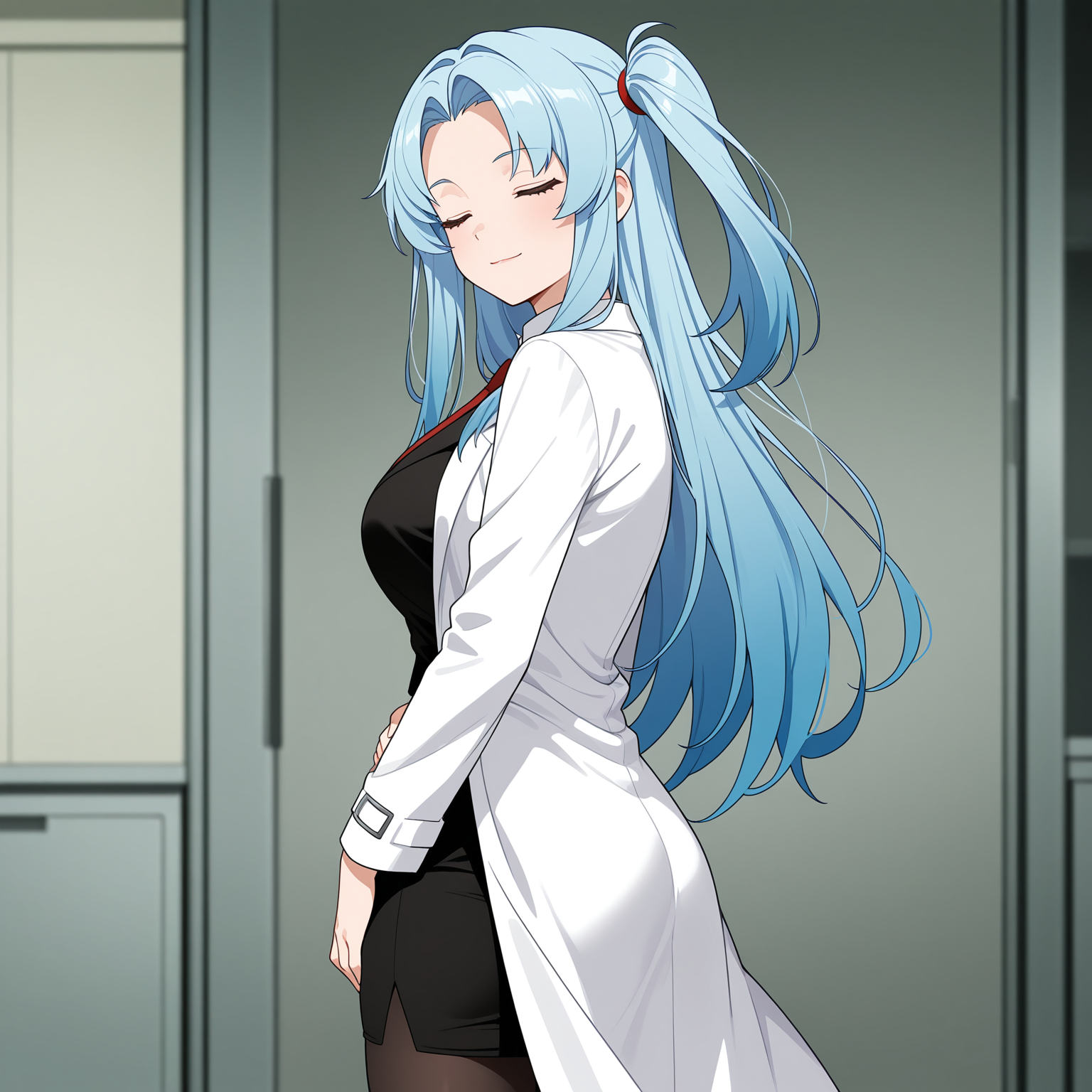 masterpiece, best quality, amazing quality, anime screencap, 1girl, solo, standing, cowboy shot, from behind, looking at viewer, light smile, <lora:AngelaLC:0.9>, AngelaLCorp, long hair, blue hair, parted bangs, curtained hair, one side up, closed eyes, large breasts, lab coat, black jackets, white shirt, red necktie, black pencil skirt, black pantyhose, red high heels,