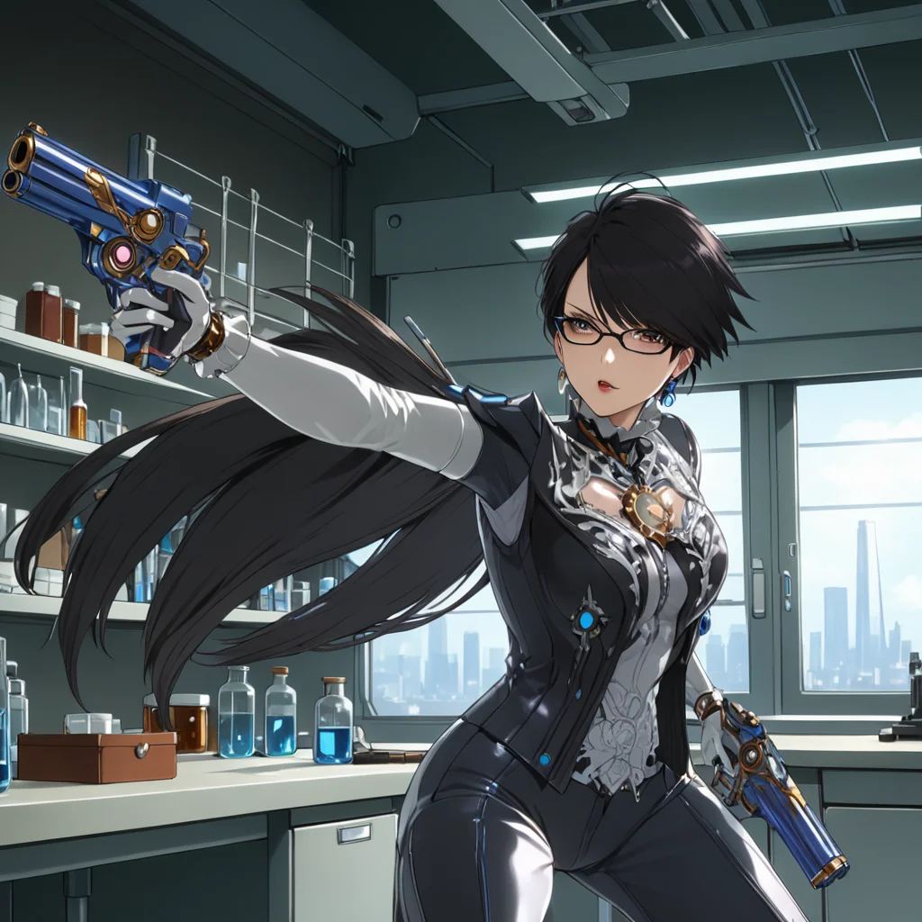 woman at laboratory, BayonettaXL, guns, pistols, action pose <lora:BayonettaXL:.7>, (anime, masterpiece, intricate:1.3), (best quality, hires textures, high detail:1.2), (4k),(incredibly detailed:1.4),UHD, 8K, ultra detailed