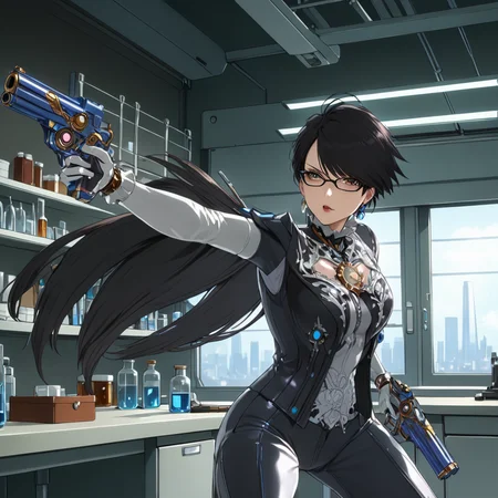 woman at laboratory, BayonettaXL, guns, pistols, action pose <lora:BayonettaXL:.7>, (anime, masterpiece, intricate:1.3), (best quality, hires textures, high detail:1.2), (4k),(incredibly detailed:1.4),UHD, 8K, ultra detailed