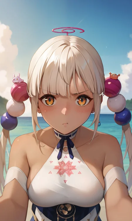score_9, score_8_up, score_7_up, score_6_up, score_5_up, score_4_up, source_anime, BREAK 1girl, solo, tsukumo_sana, light brown hair, hair ornament, twintails, dark-skinned female, bare shoulders, looking at viewer, scenery, pout, blush, pov, <lora:tsukumo_sana-000150:1.0>