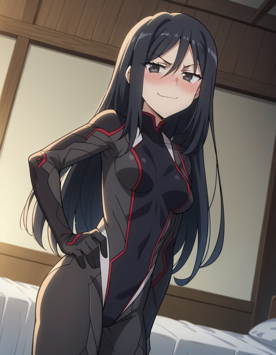 score_9, score_8_up, score_7_up, source_anime, <lora:shutaura-sequenzia-movie-ponyxl-lora-nochekaiser:1>, shutaura sequenzia, long hair, black hair, black eyes, hair between eyes, anime screencap,, bodysuit, black bodysuit, pilot suit, indoors, bed, bedroom, on side, blush, drunk, , smug, hand on own hip,, looking at viewer, solo,, dutch angle, cowboy shot