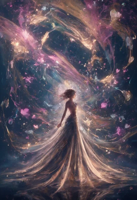 XUER guangying, A captivating light painting of an abstract young woman emerging from the fluid forms of surreal sheet music. Her silhouette is composed of cascading hearts in pastel hues, and her gown flows gracefully, blending with the ethereal breeze. The background is a luminous cosmic scene rendered in the Art Nouveau style, featuring dreamlike flowing lines and fantastical organic shapes. The entire scene is illuminated by soft, ambient light, casting subtle, diffuse shadows. The color palette consists of soft pinks, light blues, and gentle yellows, creating a delicate and dreamy atmosphere.