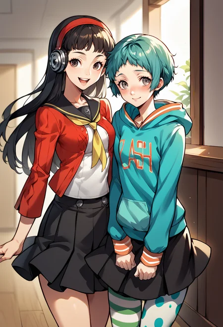 score_9, score_8_up, score_7_up, source_anime, 2girls, cowboy shot, indoors, happy BREAK
open mouth, smile, <lora:persona4_amagi_ponyXL:1> yukikodancing, hairband, headphones, serafuku, red cardigan, open cardigan, white shirt, black sailor collar, yellow neckerchief, skirt, houndstooth, BREAK
shy smile, blush, <lora:zs_FuukaXL:1> fuukadancing, aqua hair, short hair, grey eyes, hoodie, skirt, asymmetrical legwear, polka dot, headphones