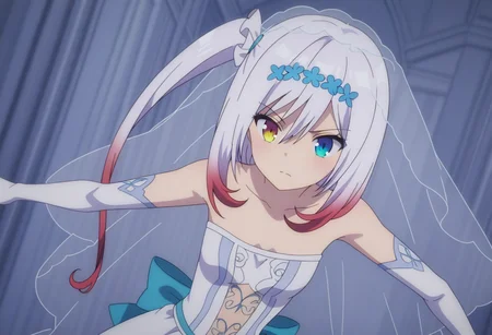 Rosetti Pricket, 1girl, solo, long hair, white hair, gradient hair, red hair, hair between eyes, hair ornament, hair scrunchie, white scrunchie, one side up, side ponytail, flipped hair, right yellow eye, heterochromia, left blue eye, small breasts, glowing eye, blue fire, head wreath, bridal veil, wedding dress, back bow, elbow gloves
BREAK
inside chapel
BREAK
anime screencap, anime coloring, anime colored background, detailed background, detailed face, shiny skin, shiny hair, absurdes, highres, dynamic pose, masterpiece, best quality, official art, cel shaded, graphic illustration, digital painting, CGI, very detailed, amazing quality, intricate details, dynamic pose, HDR, UHD, 8K, Fineline illustration, Highly detailed, ultra-fine painting, sharp focus, Professional, Vivid Colors <lora:rosetti_pricket-05:1> <lora:add-detail-xl:1> <lora:DetailedEyes_V3:1>