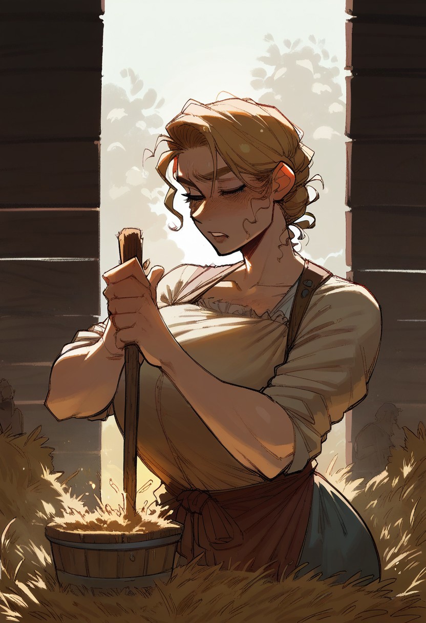 score_9, score_8_up, score_7_up, score_6_up, 1girl, blonde hair, gigantic natural breasts, she is churning butter, concentrated in work, barn,churning butter, she holds stick, butter churn,butter churning, butter churn, butter churn handle,Expressiveh,