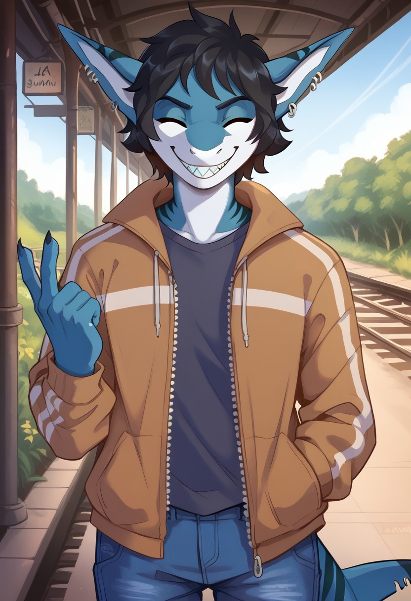 <lora:Scappo_Style_v2_PonyXL:0.8> by scappo, scappo,  score_9, score_8_up, score_7_up,1boy, solo, lunarsunxl,  anthro shark,dark blue skin, stripes on the body, short hair,lush hair,black hair, green eyes, shark tail, ear piercing, BREAK, light jacket, blue jeans, looks at the viewer, smiles broadly, shark teeth, closed eyes, happy face, Hand gesture bye, background railway peron, railway station,
