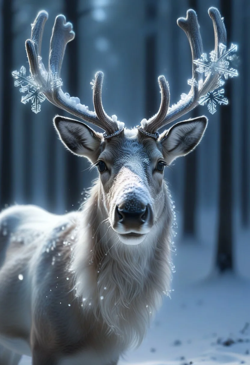 snowflake, A hyper-realistic close-up of a majestic reindeer, its soft, velvety fur dusted with snowflakes. The reindeer's large, expressive eyes glisten with warmth, and its antlers are adorned with a delicate layer of frost, catching the soft light of a snowy winter day.
Snowflakes gently fall around the scene, some resting lightly on the reindeer's nose and fur, while others sparkle in the cool, ambient light. The background is softly blurred, suggesting a serene snowy forest, with bokeh-like effects from light filtering through the trees.
The atmosphere is tranquil and magical, emphasizing the natural beauty of the reindeer and the intricate, crystalline details of the snowflakes. The overall composition captures a peaceful moment that feels both intimate and enchanting.