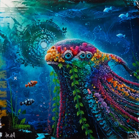 score_9,score_8_up,score_7_up,al_pt, acrylic paint (medium),surreal,colorful, wild, abstract,portrait, animal focus, no human,TheWeirdies, abstract painting that captures the bizarre and mesmerizing essence of a fantastical aquatic creature. Use a surreal, iridescent palette of luminous blues, vivid teals, electric purples, and shimmering silvers. Depict the weird aquatic animal with exaggerated, otherworldly features such as swirling tentacles, phosphorescent fins, or translucent, gelatinous bodies, blending real and imaginary elements.
Surround the creature with a dynamic underwater environment filled with abstract coral formations, swirling currents, and bioluminescent particles. Incorporate fluid, organic shapes and patterns that mimic the flow of water and the undulating movement of marine life. Use contrasting textures and layers to suggest depth and mystery, allowing parts of the creature to merge with or dissolve into the vibrant, chaotic seascape. Aim for a composition that feels surreal and dreamlike, evoking the strange beauty and intrigue of a fantastical ocean world. Let your intuition and imagination guide you to create a piece that transports viewers to a mesmerizing, alien underwater realm