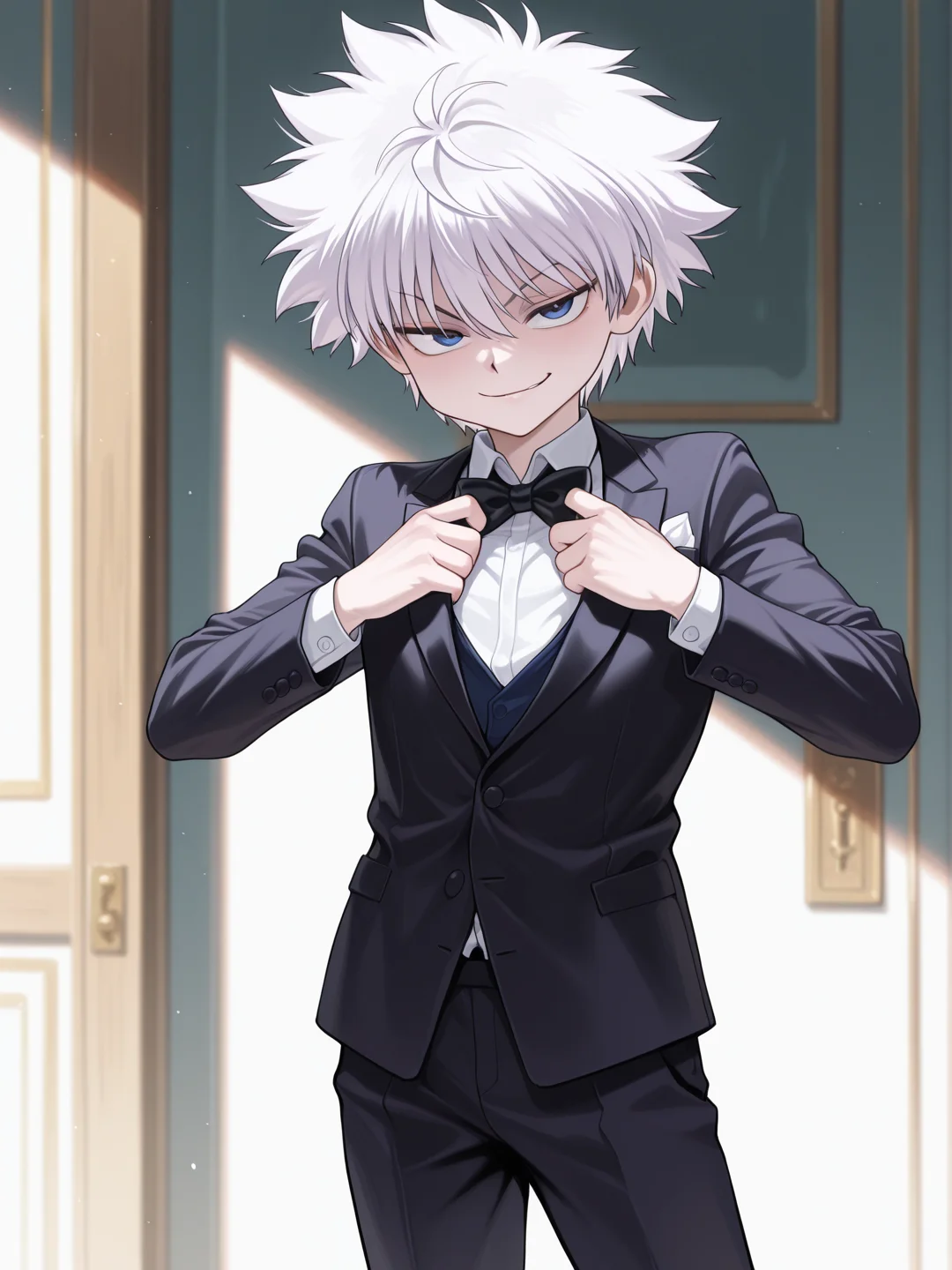 masterpiece, best quality, amazing quality, 1boy, solo, <lora:IlluKillua:1> illukillua, white hair, blue eyes, smirk, black tuxedo, black bowtie, adjusting bowtie, cowboy shot,