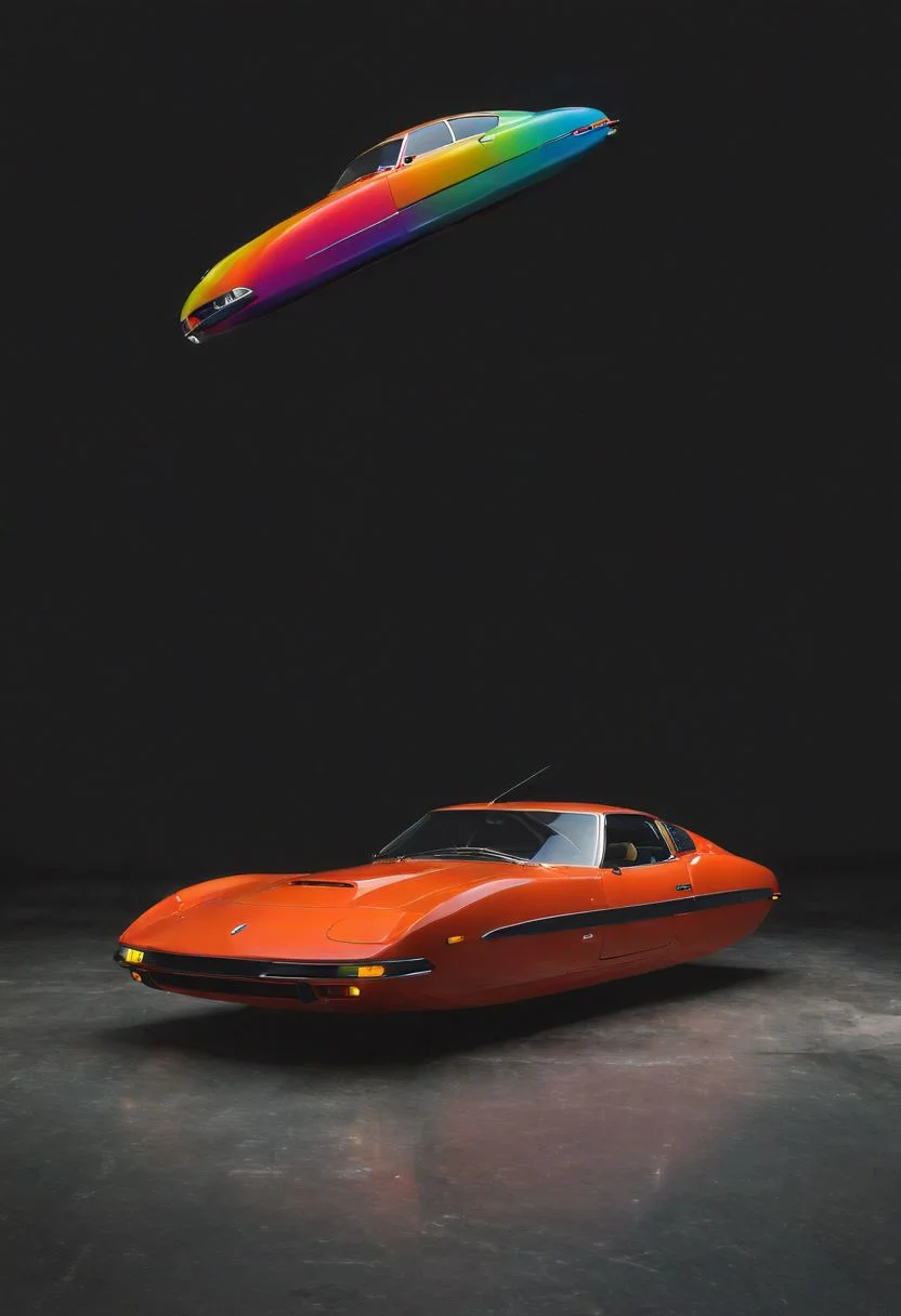 Made of bold lines, vertical lines, 3d deep depth effect, Stretching shadows, Flying hovering Car, a Vintage hovering super car, Hovering_Car, A road stretches behind her head, colorful depth of lenticular, bold lines async, deep blacks,