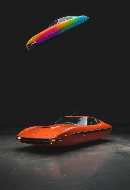 Made of bold lines, vertical lines, 3d deep depth effect, Stretching shadows, Flying hovering Car, a Vintage hovering super car, Hovering_Car, A road stretches behind her head, colorful depth of lenticular, bold lines async, deep blacks,