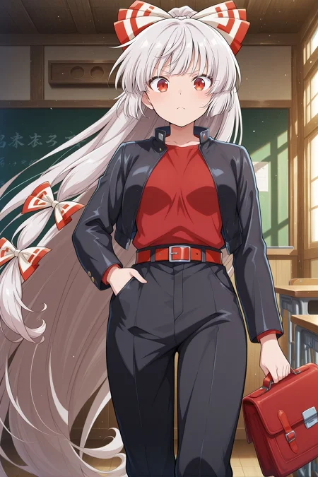 absurdres, highres, masterpiece, best quality, amazing quality, official anime artwork, screencap, anime screencap, indoors, looking at viewer, dynamic pose, standing,
<lora:Fujiwara-no-Mokou_IllustriousV2:1>  fujiwara no mokou, 1girl, solo, red eyes, white hair, very long hair, small breasts, fujiwara no mokou (fiery and solitary student), alternate costume, hair bow, black jacket, open jacket, red shirt, black pants, red belt, holding bag,
classroom, day, board,