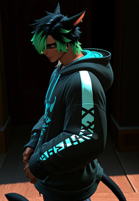masterpiece, very aesthetic, KrhisT1A, 1boy, male focus, dark-skinned male, solo, animal ears, green hair, dark skin, hood, hair over one eye, hoodie, tail, cat ears, cat boy, cat tail, multicolored hair, hat, miqo'te, black hair, short hair, jewelry, facepaint