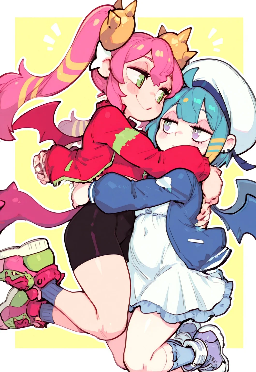 2 girls,LiveTwinLil-laYu-Gi-Oh, short hair, blue hair, small breasts, white headwear, blue jacket, white dress, socks, blue footwear, wings, LiveTwinKi-sikilYu-Gi-Oh, long hair, pink hair, twintails, spike, red jacket, open jacket, crop top, bike shorts, pink footwear, tails, art by Parororo, keaihuafeng,hug each other