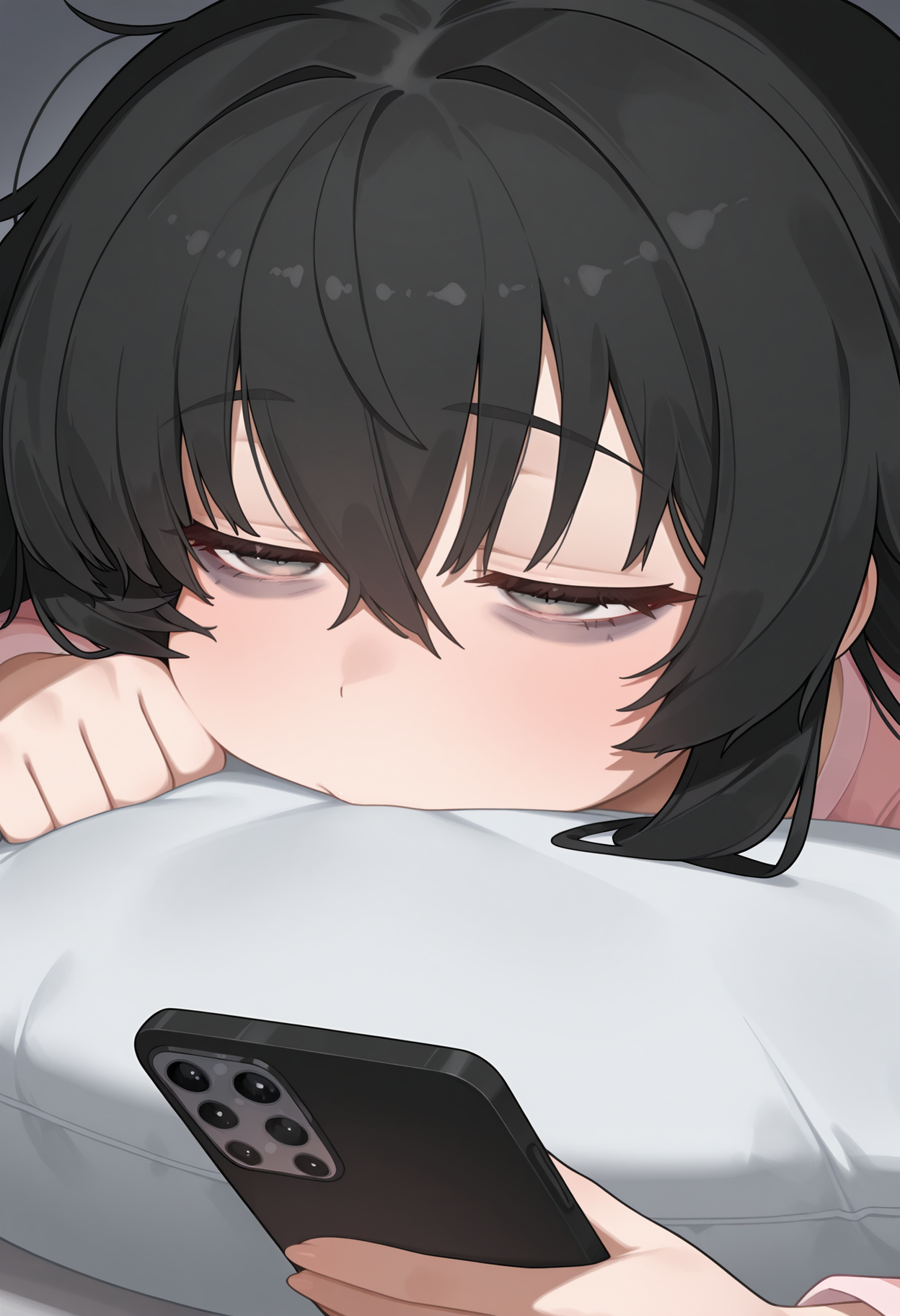 1girl, tired, insomnia, half-closed eyes, bags under eyes, holding smartphone, pyjama, close-up, flassostyle, masterpiece, best quality,amazing quality, very aesthetic, absurdres,<segment:yolo-AnzhcFace-seg_640_v3_y11n.pt-1,0.2,0.25//cid=11>, <segment:yolo-hand_yolov9c.pt,0.15,0.25//cid=12>