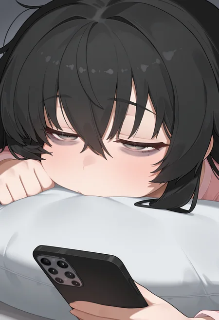 1girl, tired, insomnia, half-closed eyes, bags under eyes, holding smartphone, pyjama, close-up, flassostyle, masterpiece, best quality,amazing quality, very aesthetic, absurdres,<segment:yolo-AnzhcFace-seg_640_v3_y11n.pt-1,0.2,0.25//cid=11>, <segment:yolo-hand_yolov9c.pt,0.15,0.25//cid=12>