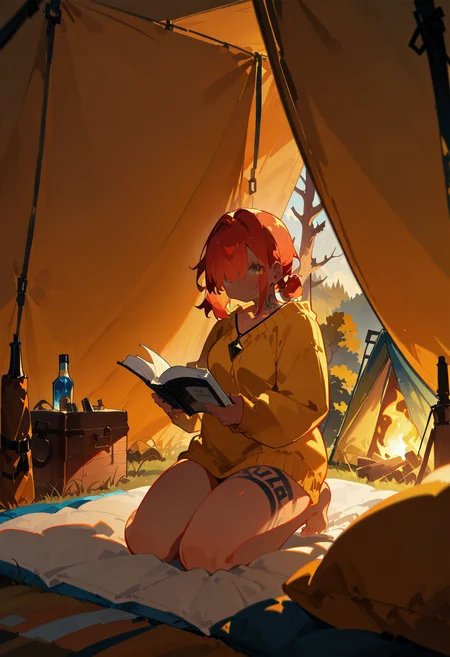 1girl,   crimson hair, medium hair,   hair over eyes,   medium breasts,  plump,  
BREAK   1girl, 1girl, solo, looking at viewer, kneeling,       
BREAK          body tattoo,      golden sweater,  indoors, tent, reading book, Camping,     
BREAK safe, masterpiece, best quality, very aesthetic, absurdres, highres, newest, <lora:ponyv5_noobV065S_1_adamW:0.7>, <lora:lora:0.4>, <lora:Unstable_v1.0:1.0>