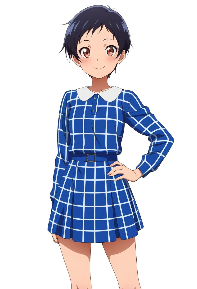 masterpiece, best quality, amazing quality, anime coloring, anime screencap, 1girl, solo, very short hair, black hair, smile, hand on own hip, simple background, white background, checkered dress,