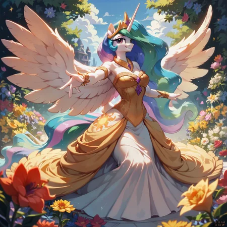 score_9, score_8_up, score_8, Princess Celestia \(mlp\), fluffy gala dress, pony anthro, , flowers, wide hips, smiling, huge wings, reaching out to pet a deer in the royal garden