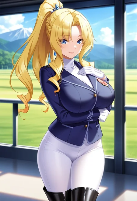 masterpiece, best quality, amazing quality,saeka arisugawa, blue eyes, blonde hair, long hair, ponytail, hair intakes, mature female, 1girl, solo, gloves, breasts, large breasts, white gloves, knee boots,blue jacket, white pants, white turtleneck, black boots,,closed mouth, light smile,standing, looking at viewer, blurry background, mountainous background, scenery, day<lora:saeka arisugawaV1:0.9>