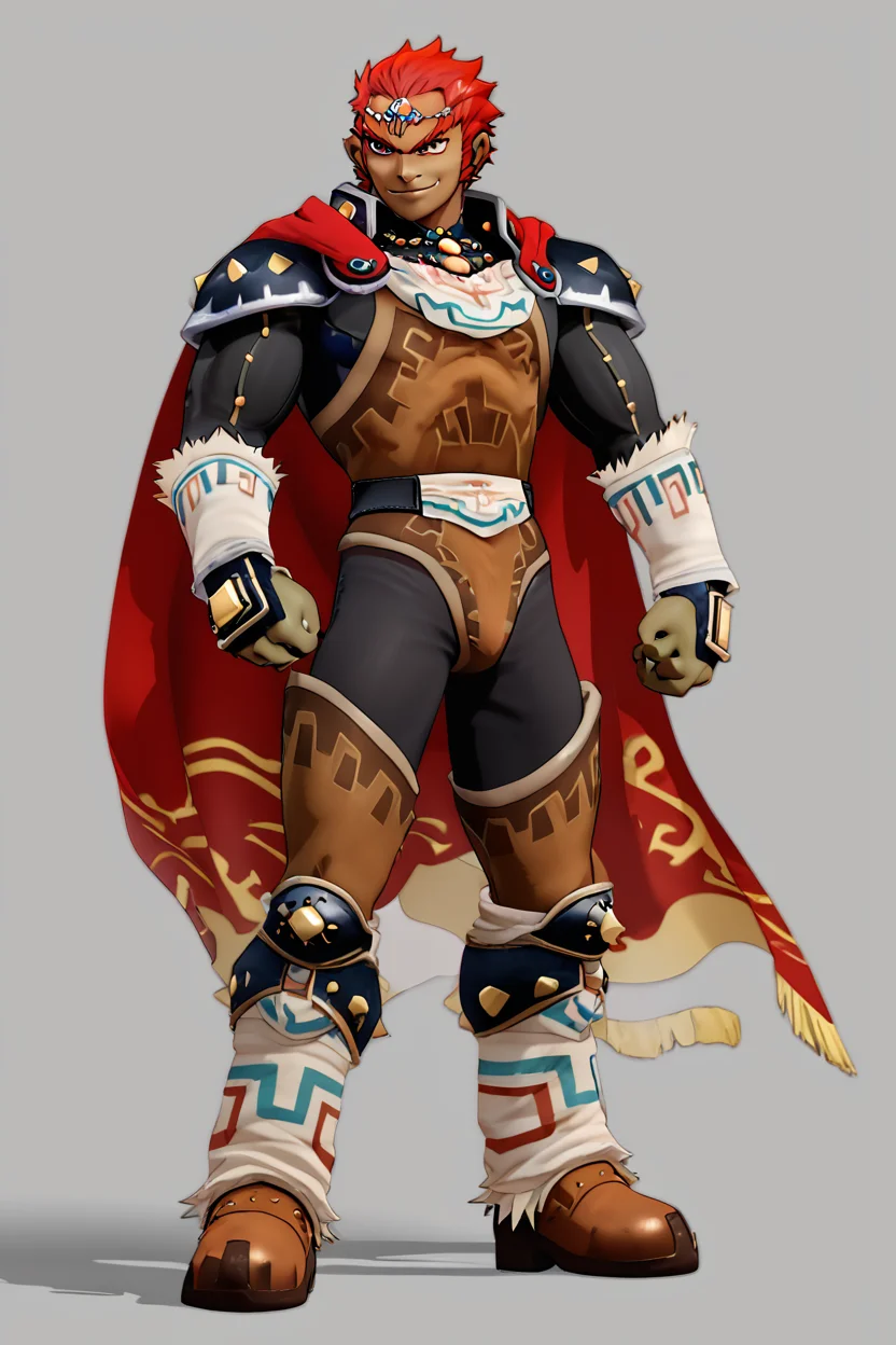 score_9, score_8_up, score_8, BREAK, , ,,, zzGanondorf, 1boy, red hair, dark skin, armor, gloves, jewelry, boots, muscular, shoulder pads, short hair, cape, <lora:Ganondorf_OoTZelda_PDXL:0.8>, ,,,, BREAK, smile, closed mouth, looking at viewer, cowboy shot, ,,, embedding:zPDXL, Expressiveh, ,,, <lora:MantisStyle_PDXL_v2:0.8>, <lora:SDXLFaeTastic2400:0.5>, <lora:Expressive_H-000001:0.4>,