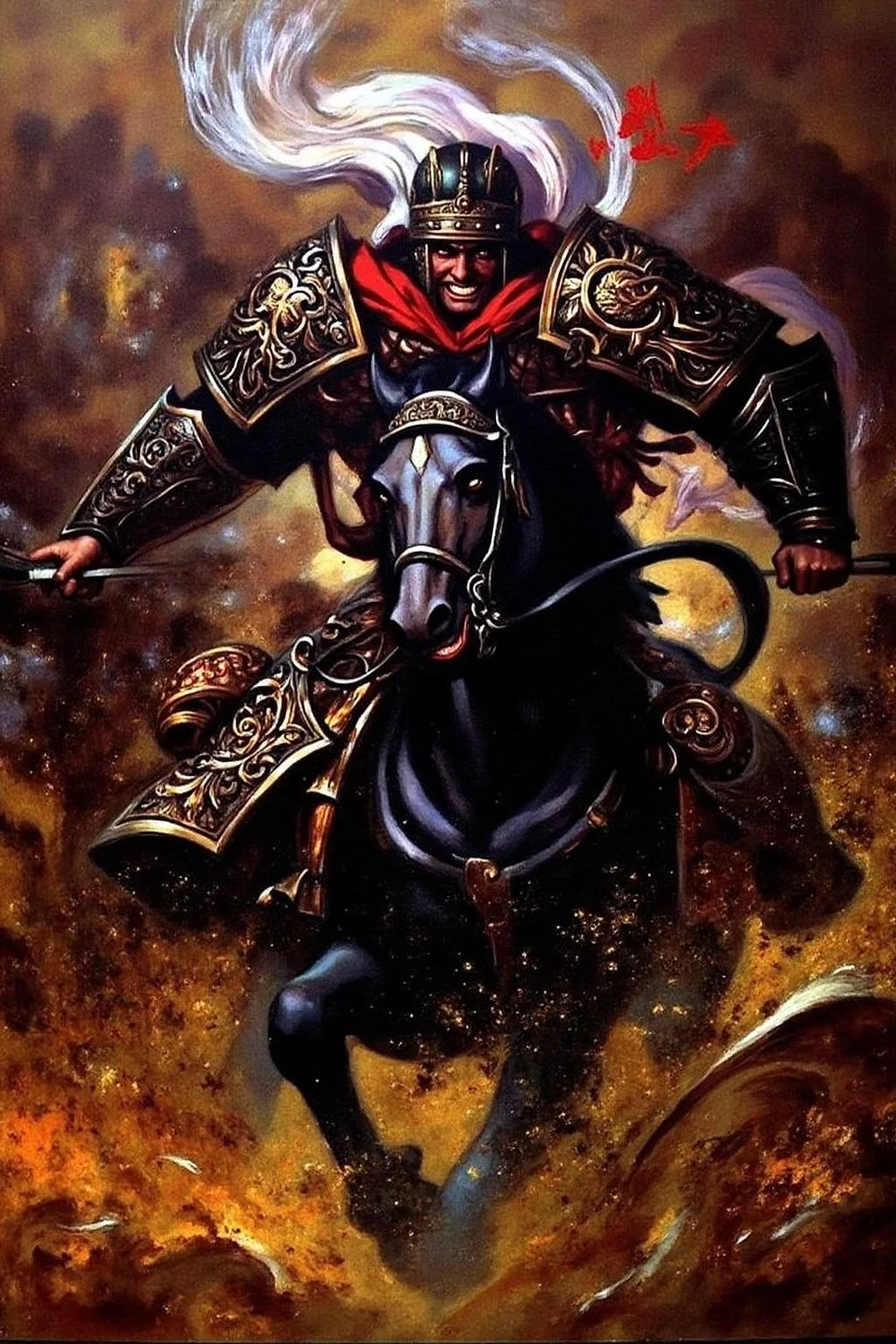 chenu1 illustration. The image is a dramatic, highly detailed painting in an expressive, dynamic style, depicting a fierce battle scene. The central figure is a warrior, clad in elaborate, ornate armor with a dark, almost black hue, adorned with intricate patterns and gold accents. The armor includes a helmet with a face guard that obscures the warrior's features, but his eyes are visible, gleaming with an intense, almost manic expression. <lora:chenu2_poster_cap_d6a3:1.0><lora:822572029439073423:0>