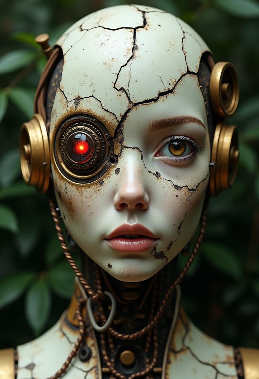steampunk android portrait, cracked brass face with exposed cybernetics. Hyper-realistic details,  human eyes, one framed by intricate mechanical eyelid. Weathered off-white surface, etched with fine fracture lines and rust stains. Hard, lifelike lips contrast with silicon rubber skin. Segmented panels reveal glimpses of retro steampunk circuitry beneath. Delicate nose sculpted with artificial precision. Visible joints, bolts, welding, and seams along cheekbones and forehead. One eye socket houses glowing red Incandescent bulbs. Tangle of obsolete wires and tubes at neck. Lush, overgrown backdrop hints at post-apocalyptic setting. Harsh, dramatic lighting emphasizes textures. steampunk aesthetic meets baroque detailing. Ultra-high resolution, photorealistic rendering.
