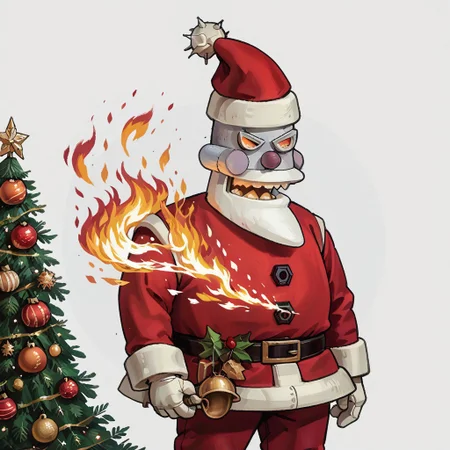score_9, score_8_up, score_7_up, score_6_up, rating_safe,
r0b0t_s4nta_c1aus, solo, santa hat, santa_costume, pants,  christmas headwear, christmas clothing, solo, laughing manically, breathing fire on christmas tree,
simple background,