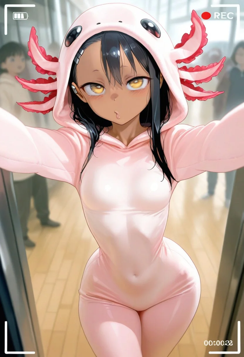 masterpiece, best quality, very aesthetic, absurdres, Detailed face, 8k, Ultra_HD, (detailed background:1.1), 1=2, face closeup, from above, zoom on face, rec, recording frame, photograph,
solo, 1girl, Hayase Nagatoro, petite, beautiful, perfect eyes, (golden eyes:1.1), dark skin, black hair, long hair, tanned skin, tanline, hourglass figure, animal costume, axolotl onesie, skindentation, skinny body, small breasts, short girl, random expression, wide eyes, in front of viewer, face close to the lens, pov, posing, original pose, complex pose, wide hips, narrow waist, looking at viewer, puffy lips, detailed background, blurry background, comiket, crowded place,