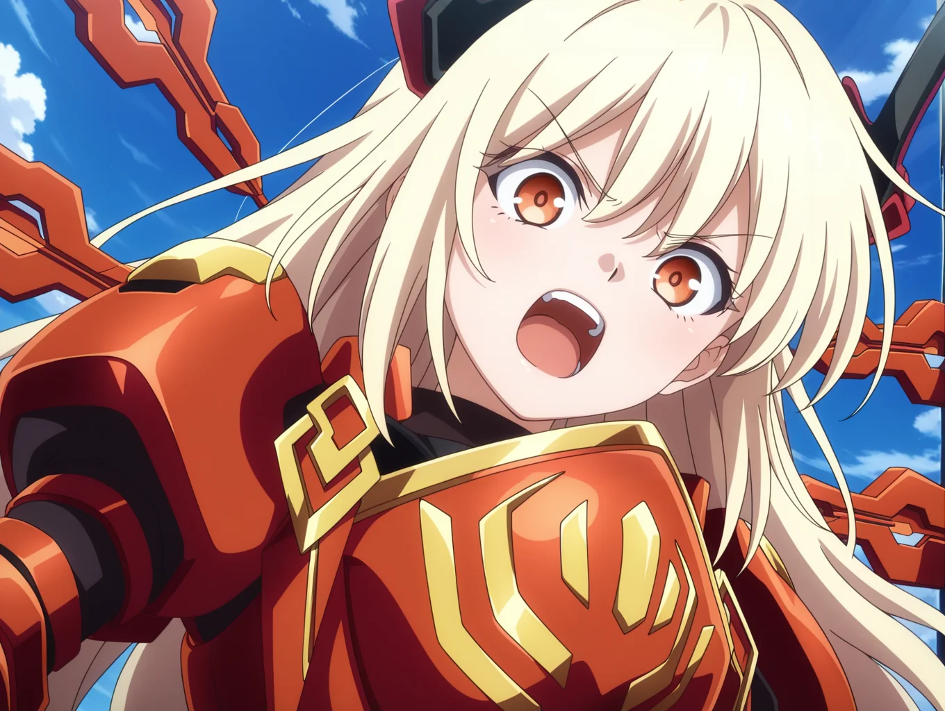 tv style,anime coloring,sky striker ace - raye,red power armor,mecha musume,official alternate costume,1girl,open mouth,solo,blue sky,looking at viewer,angry,parody,upper body,from below,v-shaped eyebrows,orange eyes,black bodysuit,red headgear,red sword wings,red breastplate,
masterpiece,best quality,amazing quality,very aesthetic,absurdres,newest,<lora:Sky striker ace - kagari illusXL v1:0.7>,