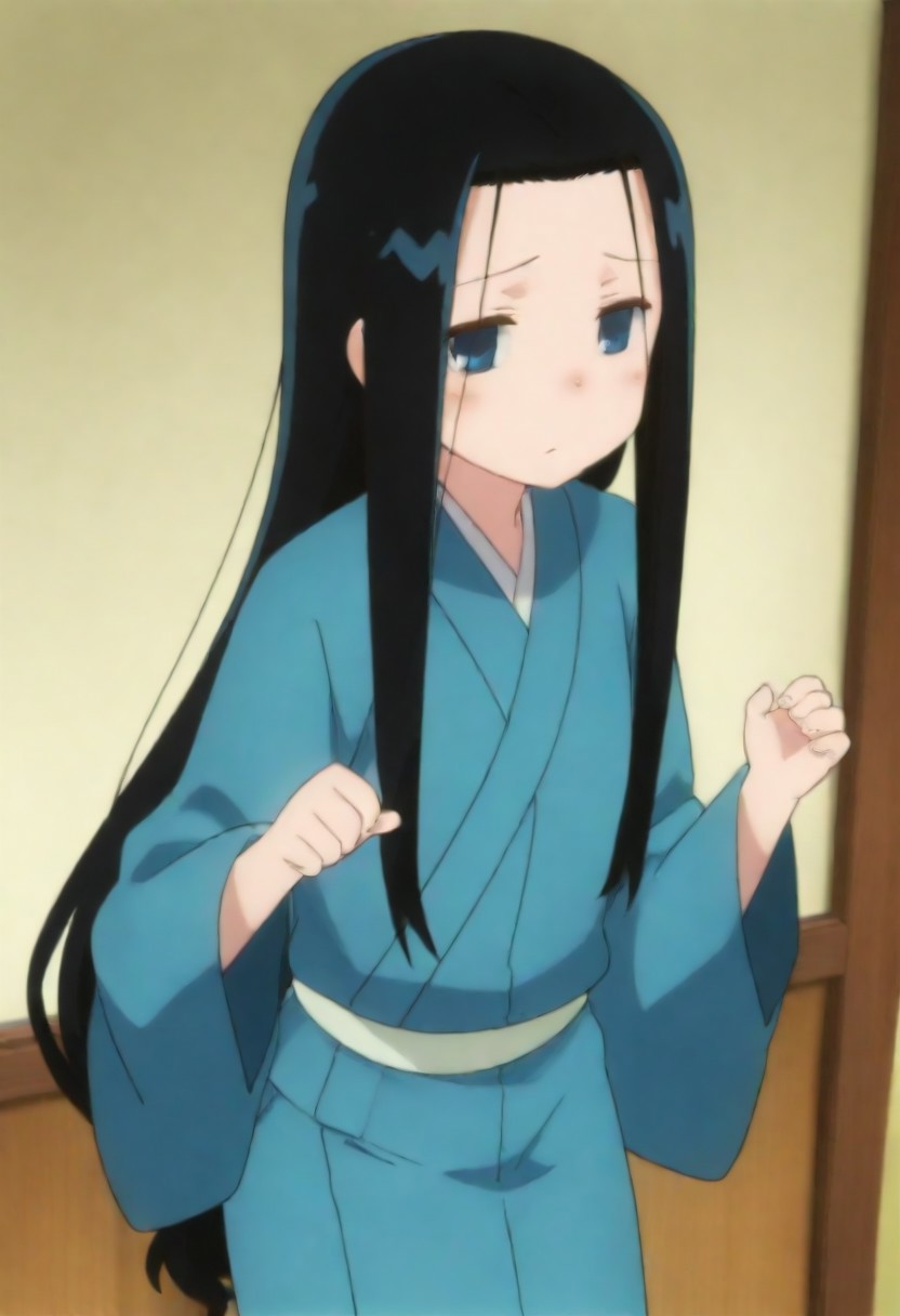 masterpiece, best quality, amazing quality,,, shiny skin,,,,,, anrakutei, blue_eyes, black_hair, very_long_hair, blue_kimono, long_sleeves, wide_sleeves,