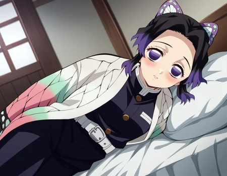 score_9, score_8_up, score_7_up, source_anime,
shinobukochou, <lora:shinobu-kochou-anime-ponyxl-lora-nochekaiser:1>,
shinobu kochou, animal print, black hair, butterfly, butterfly hair ornament, butterfly print, forehead, gradient hair, hair ornament, haori, multicolored hair, parted bangs, purple hair, short hair, two-tone hair,
belt, black pants, butterfly print, coat, demon slayer uniform, haori, japanese clothes, pants, uniform,
indoors, bed, bed room, on side, blush, drunk,
solo, dutch angle, looking at viewer, cowboy shot,