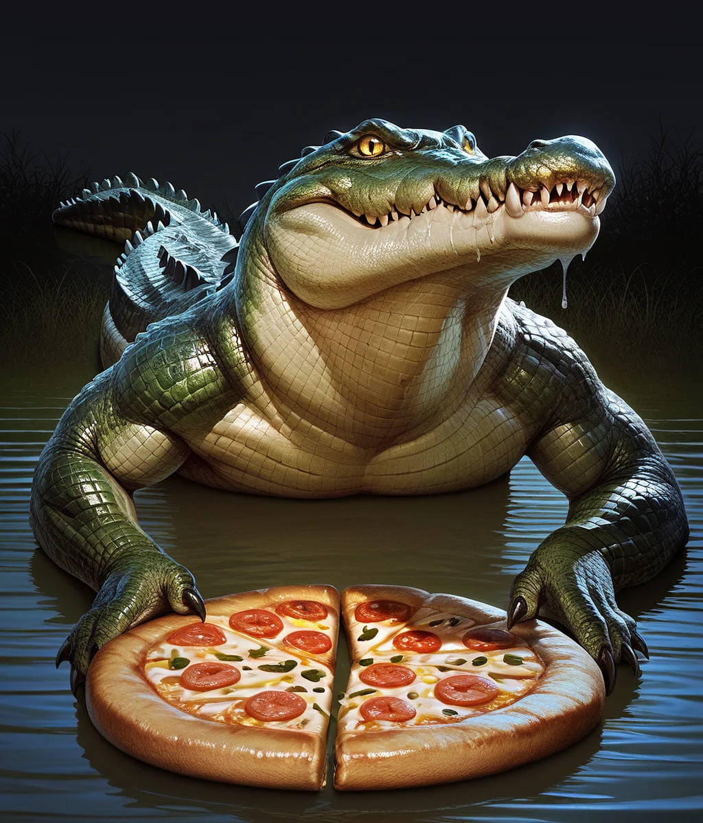 Score_9,score_8_up,score_7_up,solo,drooling,sharp_teeth,yellow eyes,scales,crocodile,crocodilian tail,claws,wet,animal,photorealistic,<lora:Role_crocodile:0.6>,<lora:Style_Expressive_H_v1:0.8>,eating,pizza,string,night,over the sea,pond,