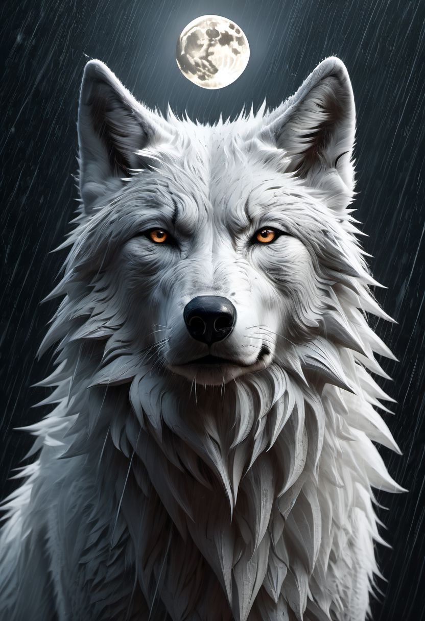 white wolf, sad, determined. lonely wolf, abandoned by his pack, (howling), mouth in shape of saying "oooooo", white fur, Royal, in a heavy rain, full moon, it's head is down, Post-Apocalyptic, Photorealistic, volumetric shading, Hyperdetailed, Dystopian, Elemental, Ethereal, Photorealistic, perfect composition, beautiful detailed intricate insanely detailed trending on artstation, 8 k artistic photography, photorealistic concept art, soft natural volumetric cinematic perfect light, chiaroscuro, award - winning photograph, masterpiece, raphael, caravaggio, greg rutkowski, beeple, beksinski, giger