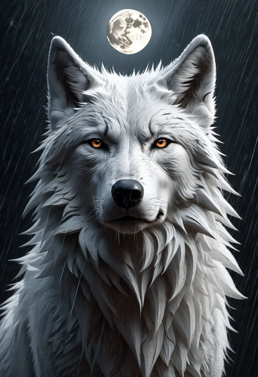 white wolf, sad, determined. lonely wolf, abandoned by his pack, (howling), mouth in shape of saying "oooooo", white fur, Royal, in a heavy rain, full moon, it's head is down, Post-Apocalyptic, Photorealistic, volumetric shading, Hyperdetailed, Dystopian, Elemental, Ethereal, Photorealistic, perfect composition, beautiful detailed intricate insanely detailed trending on artstation, 8 k artistic photography, photorealistic concept art, soft natural volumetric cinematic perfect light, chiaroscuro, award - winning photograph, masterpiece, raphael, caravaggio, greg rutkowski, beeple, beksinski, giger