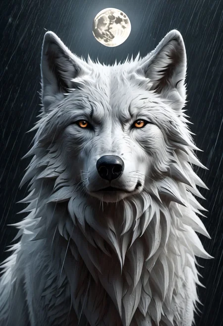 white wolf, sad, determined. lonely wolf, abandoned by his pack, (howling), mouth in shape of saying "oooooo", white fur, Royal, in a heavy rain, full moon, it's head is down, Post-Apocalyptic, Photorealistic, volumetric shading, Hyperdetailed, Dystopian, Elemental, Ethereal, Photorealistic, perfect composition, beautiful detailed intricate insanely detailed trending on artstation, 8 k artistic photography, photorealistic concept art, soft natural volumetric cinematic perfect light, chiaroscuro, award - winning photograph, masterpiece, raphael, caravaggio, greg rutkowski, beeple, beksinski, giger