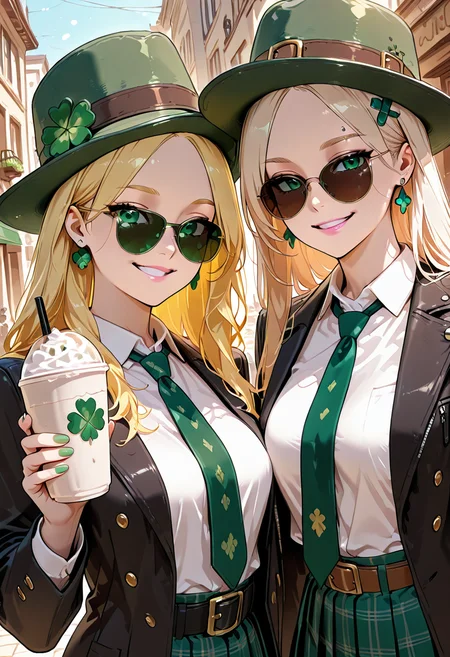 masterpiece, best quality,   ShamrockWorld, long hair, looking at viewer, smile, multiple girls, skirt, blonde hair, shirt, hair ornament, long sleeves, hat, holding, 2girls, jewelry, medium breasts, school uniform, green eyes, jacket, white shirt, upper body, earrings, outdoors, parted lips, open clothes, necktie, day, collared shirt, belt, grin, cup, lips, coat, black jacket, parted bangs, witch hat, piercing, sunglasses, forehead, pink lips, realistic, nose, green headwear, selfie, disposable cup, green nails, green necktie, eyebrow piercing, aviator sunglasses  ,<lora:ShamrockWorld_IXL:1.0>,