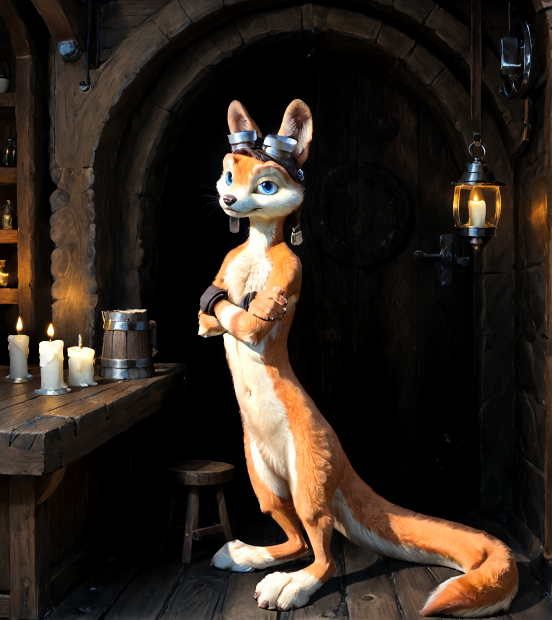 <lora:Daxter_the_Ottsel_V2:1> daxter, orange fur, ottsel, solo, sfw,  blue eyes, goggles, full body, long tail,
standing, arms crossed, looking at viewer, disappointed expression, <lora:Expressive_H:1> expressiveh,
Detailed background, tavern, low light, candlelight,
masterpiece, hires, photograph, detailed fur, detailed body, detailed face, best quality, <lora:Furtastic_Detailer:1>
