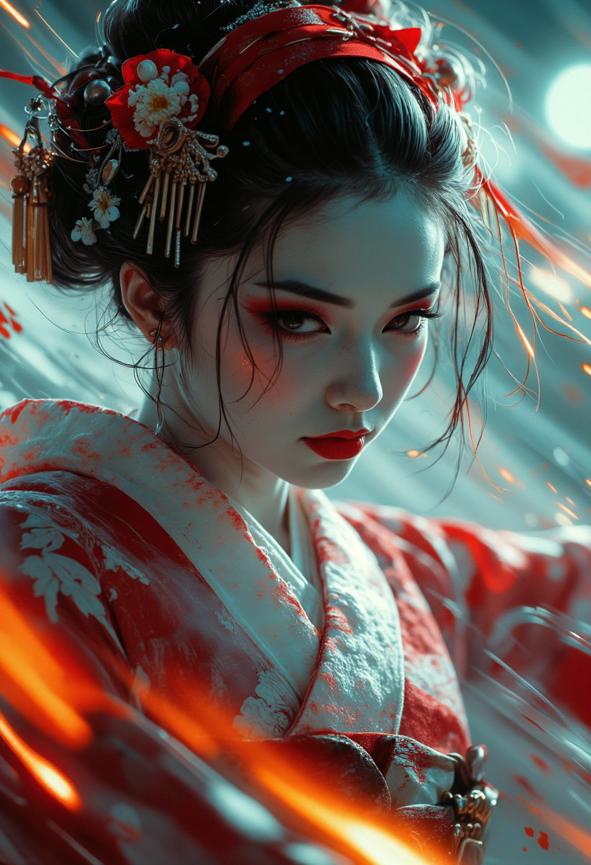 close-up of a geisha dancing, distortion, extreme camera angle view, bokeh, dark soothing atmosphere, epic, cinematic, vortex of electricity