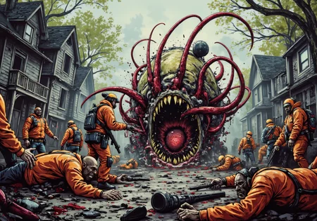 digital illustration, monster, action shot of Lovecraftian tentacled entity in a suburban cul-de-sac a group of men dressed in full biohazard gear armed with traditional hunting shotguns engaged in battle with it, some are being dragged into the maw of the monster while others lay lifeless on the ground, while some are fleeing, the scene is horrific, most of the humans are in pure panic flight or fight, there is significant recent damage to some of the houses, the weather is overcast and the mood is dark and the scene visceral, the monster is upon them and in the process of eating one of the men, none of the men have a clam demeanor or stance, their fear is evident in their body language and the ground is littered with dead men in biohazard suits, there is also a large amount of red ichor on the street and all over the houses<lora:Abstract_Monstrosities_-_FLUX.safetensors:1.0:1.0> <lora:cheats.safetensors:0.5:0.5>