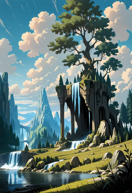 masterpiece, best quality, good quality, very awa, very aesthetic, absurdres, newest, outdoors, sky, day, cloud, water, blue_sky, tree, no_humans, shadow, grass, cloudy_sky, plant, scenery, nature, forest, rock, mountain, fantasy, vines, ruins, bridge, crack, river, mountainous_horizon, waterfall, landscape, lake, arch, moss, overgrown, ink drawing, opill, gr4ph1t3,