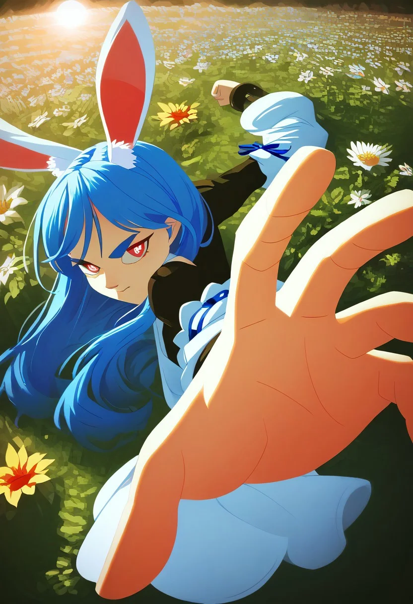 score_9, score_8_up, score_7_up, score_6_up, score_5_up, score_4_up, garden, flower, flower field, sun, BREAK, (flat color, no lineart, no outlines), 1girl, pekomamadef, thick eyebrows, bunny-shaped pupils, rabbit ears, animal ear fluff, blue hair, close mouth, apron, dress, detached sleeves, bow, IncrsPunchMeme, incoming punch, angry, (anger vein), looking at viewer