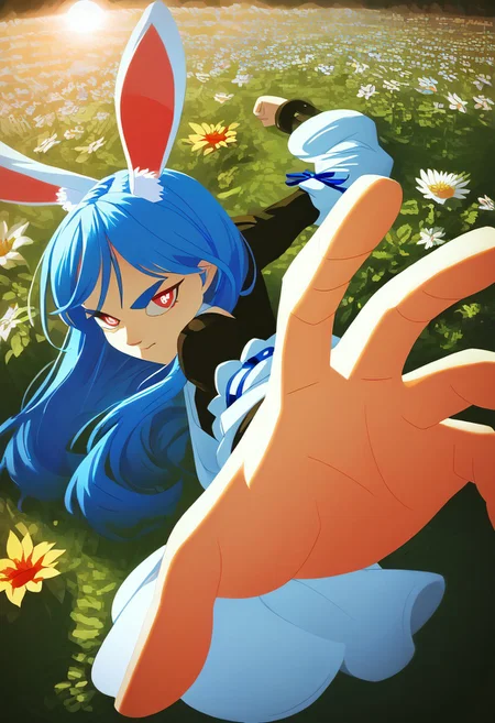 score_9, score_8_up, score_7_up, score_6_up, score_5_up, score_4_up, garden, flower, flower field, sun, BREAK, (flat color, no lineart, no outlines), 1girl, pekomamadef, thick eyebrows, bunny-shaped pupils, rabbit ears, animal ear fluff, blue hair, close mouth, apron, dress, detached sleeves, bow, IncrsPunchMeme, incoming punch, angry, (anger vein), looking at viewer