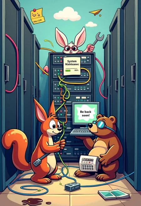 A cartoon illustration of a server room with colorful, playful characters. Cartoon characters like a clumsy squirrel with a toolbelt, a tech-savvy rabbit with oversized glasses, and a strong bear holding a giant wrench are working on the servers. The squirrel is tangled in a mess of colorful cables, the rabbit is typing furiously on a keyboard with a determined look, and the bear is trying to read a manual upside down. One of the monitors shows a 'System Maintenance' message with a progress bar that's stuck at 99%, with a small note saying 'Be back soon!' The background includes playful elements like a spilled coffee cup, a flying paper airplane, and a sticky note with a smiley face. The scene is vibrant, humorous, and full of character, making the maintenance situation look lighthearted and fun.