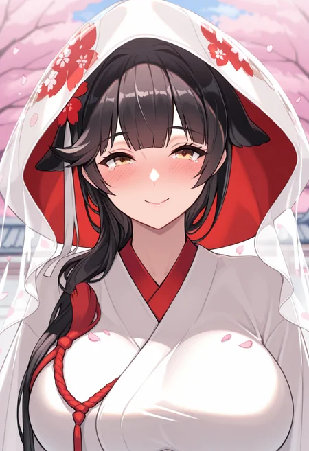 <lora:Takao_Azur_Lane_all_costume_IL:1> masterpiece, best quality, very aesthetic, 1girl, mature female, Takao \(azur lane\), sakura hanami, shiromuku, wataboushi, torri gate, looking at viewer, sakura petals, blush, smile, happy, happy tears,