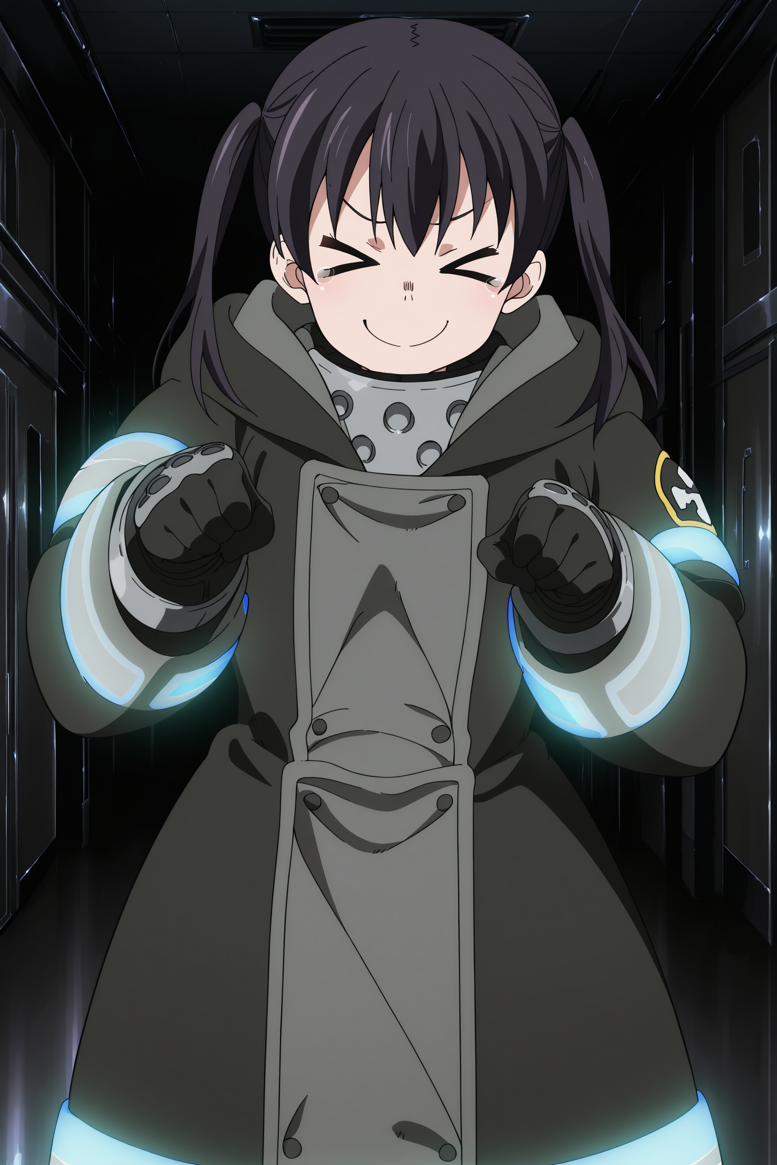 anime screencap, anime coloring, detailed face, masterpiece, best quality, very aesthetic, absurdres, official style, amazing quality, ultra detailed,  highres, amazing quality, scenery, beautiful detailed hair, beautiful detailed eyes,
<lora:StS-Illustrious-Detail-Slider-v1.0:4.5>
indoors,
<lora:Tamaki_Kotatsu_Fire_Force:1>Tamaki fire force uniform, Tamaki Kotatsu (character), 1girl, gloves, solo, twintails, >_<, black gloves, closed eyes, coat, pointing, black hair, smile, closed mouth, black coat, long sleeves, hooded coat