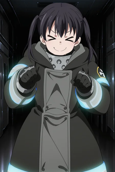 anime screencap, anime coloring, detailed face, masterpiece, best quality, very aesthetic, absurdres, official style, amazing quality, ultra detailed,  highres, amazing quality, scenery, beautiful detailed hair, beautiful detailed eyes,
<lora:StS-Illustrious-Detail-Slider-v1.0:4.5>
indoors,
<lora:Tamaki_Kotatsu_Fire_Force:1>Tamaki fire force uniform, Tamaki Kotatsu (character), 1girl, gloves, solo, twintails, >_<, black gloves, closed eyes, coat, pointing, black hair, smile, closed mouth, black coat, long sleeves, hooded coat