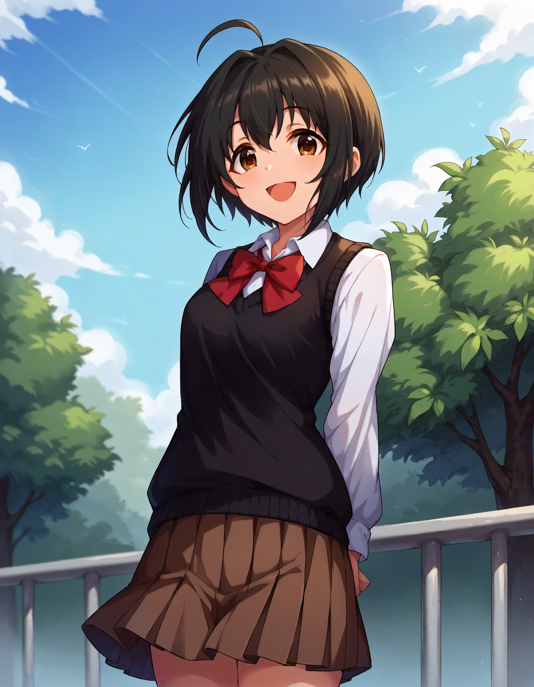 score_9,score_8_up,score_7_up,1girl,solo,cowboy shot,looking at viewer,smile,open mouth,arms behind back,outdoors,
<lora:kohinatamiho_ponyXLV6:0.8>,cgkmh,
black hair,short hair,ahoge,brown eyes,
school uniform,long sleeves,black sweater vest,pleated brown skirt